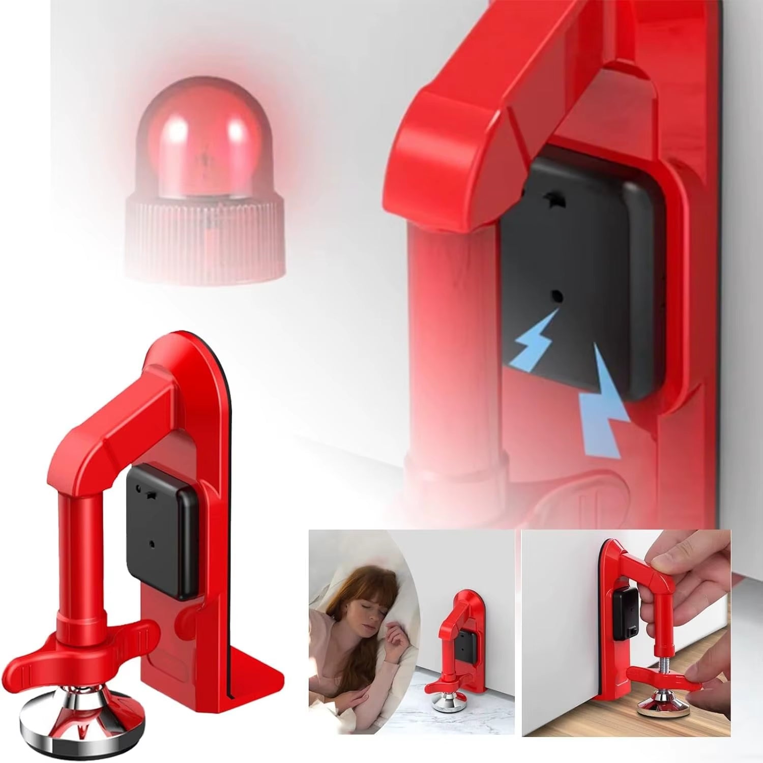 Portable Door Stopper & Floor-Brace — Travel Security Blocker (Red, Metal) | Optional Battery-Powered Alarm Variant