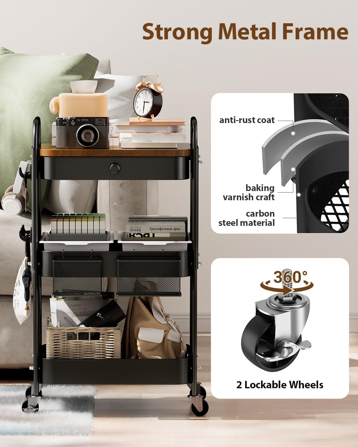 Rolling Cart with Drawer and Wood Table Top, 3 Tier Metal Rolling Utility Cart on Wheels with DIY Pegboards, Hanging Baskets, Hooks for Bedroom,Office,Craft Supplies (Black)