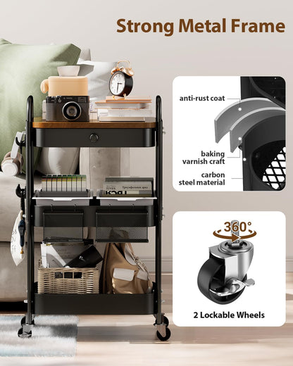 Rolling Cart with Drawer and Wood Table Top, 3 Tier Metal Rolling Utility Cart on Wheels with DIY Pegboards, Hanging Baskets, Hooks for Bedroom,Office,Craft Supplies (Black)