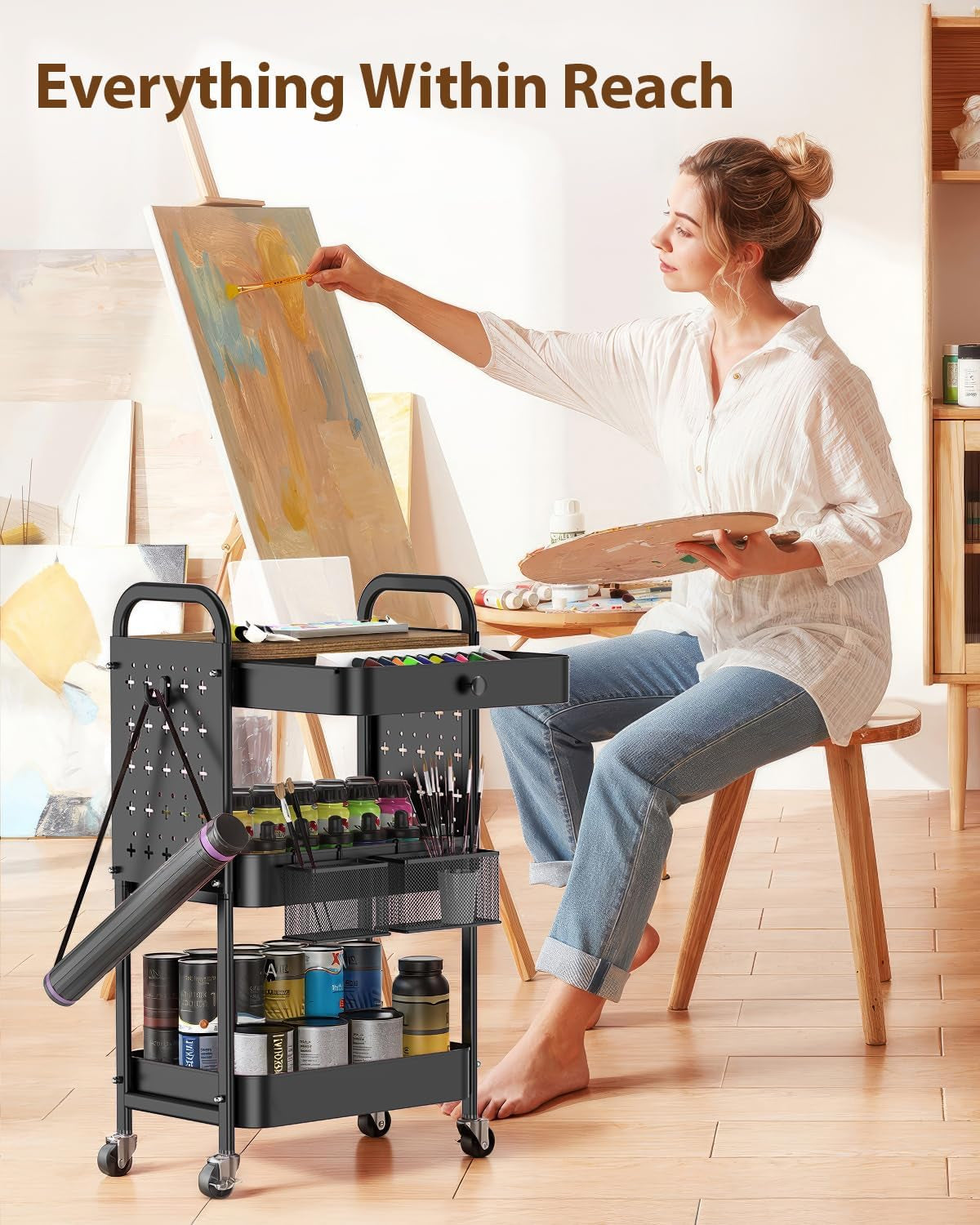 Rolling Cart with Drawer and Wood Table Top, 3 Tier Metal Rolling Utility Cart on Wheels with DIY Pegboards, Hanging Baskets, Hooks for Bedroom,Office,Craft Supplies (Black)