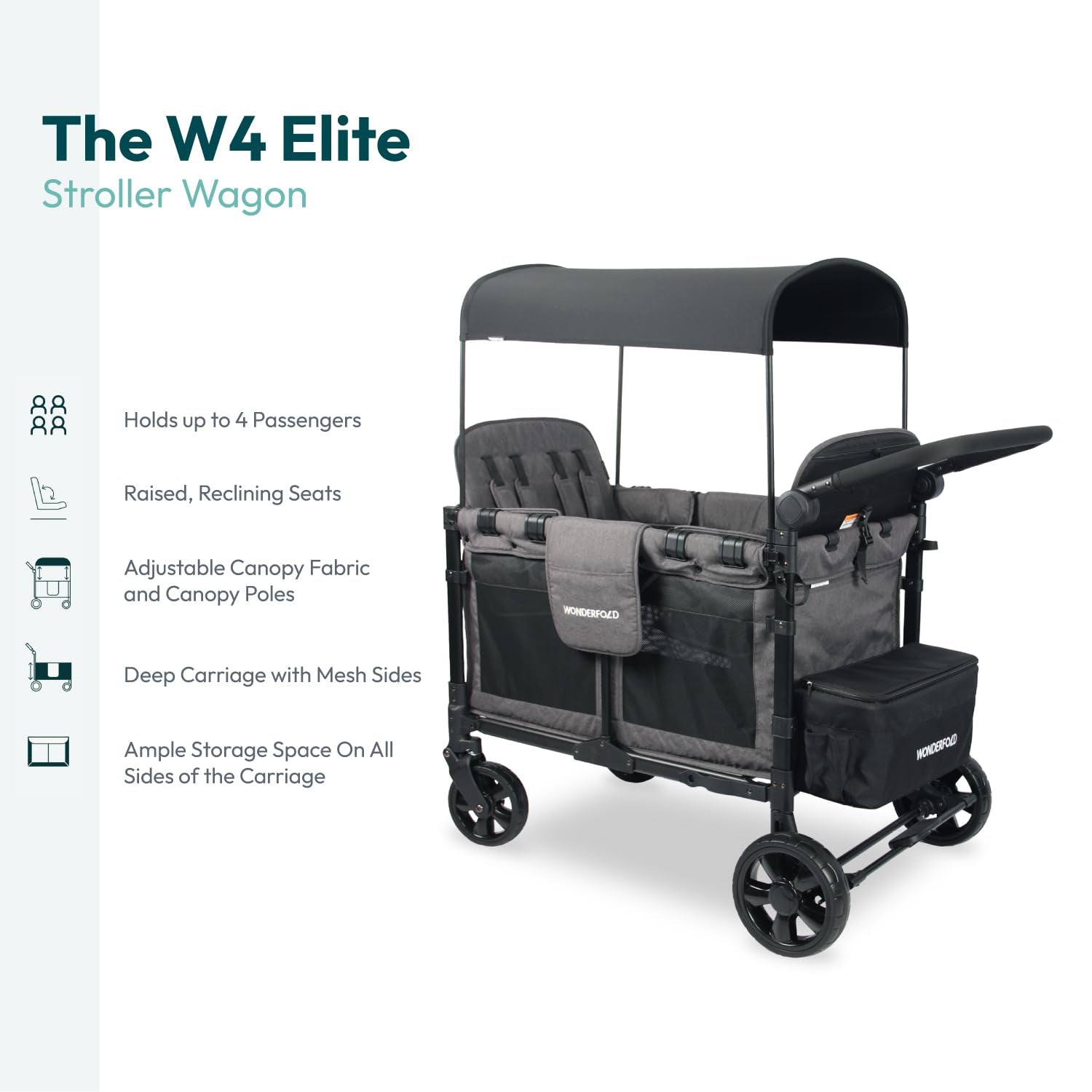 W4 Elite Stroller Wagon (4 Seater) - Collapsible Wagon Stroller with Seats with 5-Point Harnesses, Adjustable Push Handle, and Removable UV Sun Canopy, Charcoal Gray