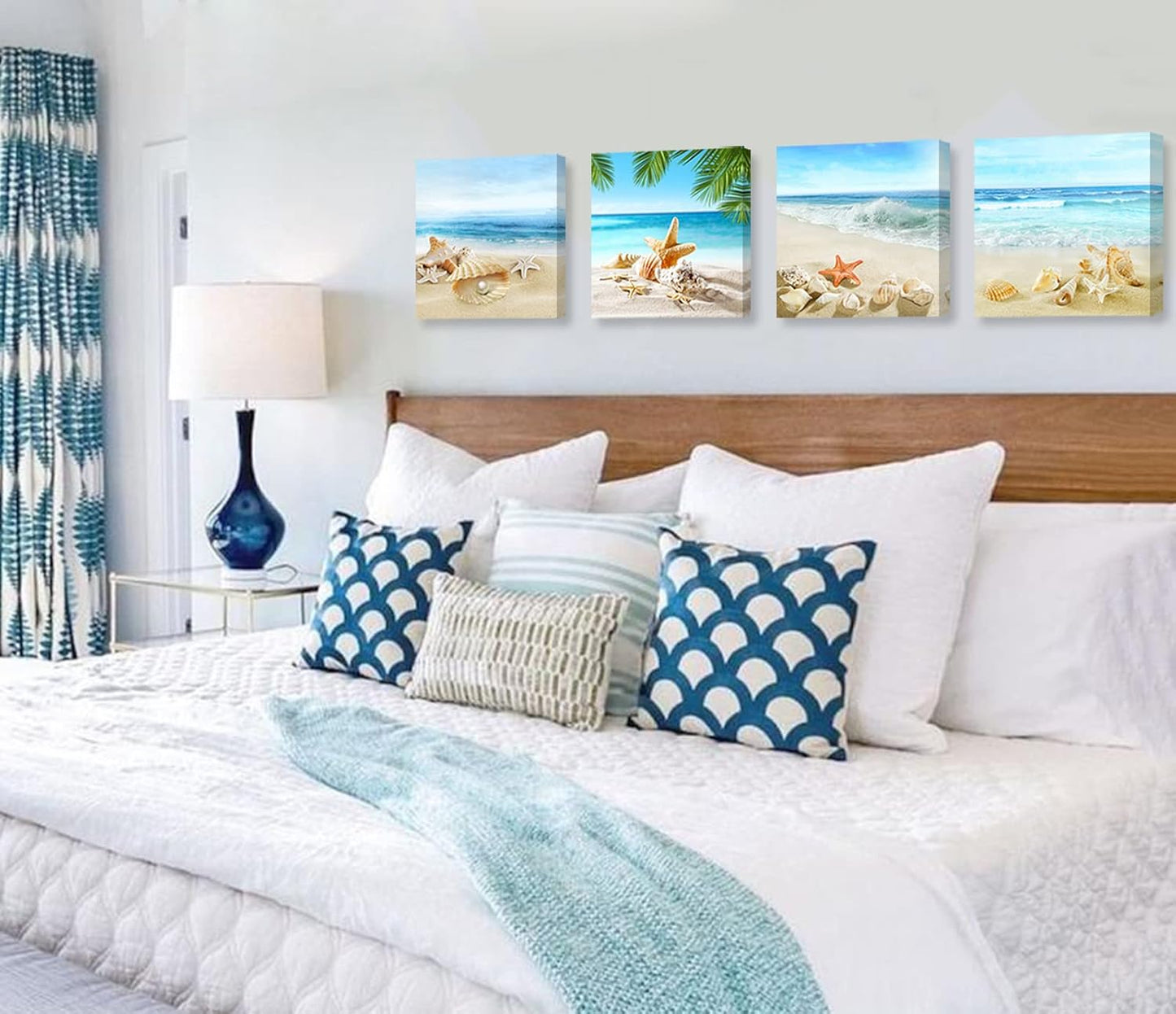 Beach Wall Art Bathroom Paintings Decor Seashell Starfish Nature Canvas Pictures Blue Ocean Theme Decorations Posters Contemporary Nautical for Bedroom…