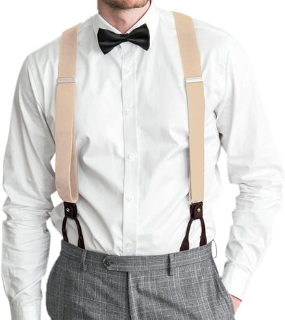Mens Brown Button End Suspenders - Adjustable Elastic Y Shape Tuxedo Suspender
