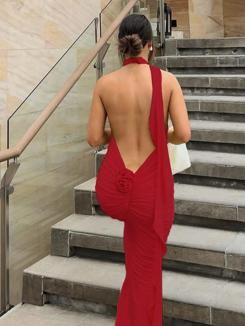 Long Party Dresses for Women Elegant Sexy Floral-Applique Halter Backless Maxi Dress Summer Clothes 2024 C83-CE37