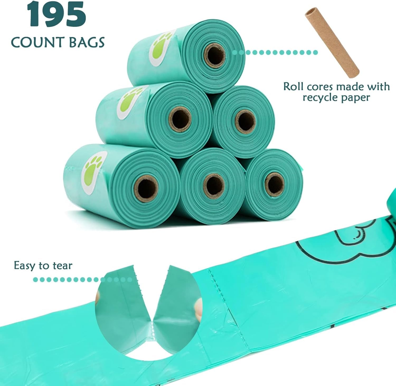 Dog Poop Pickup Bags Holder Dispenser with Standard-Sized Leak-Proof Scented Doggy Waste Bags and Carabiner with Safety Lock&Fastener Never Loose on Leash Lead Again (1 Holder 195 Bags, Blue)