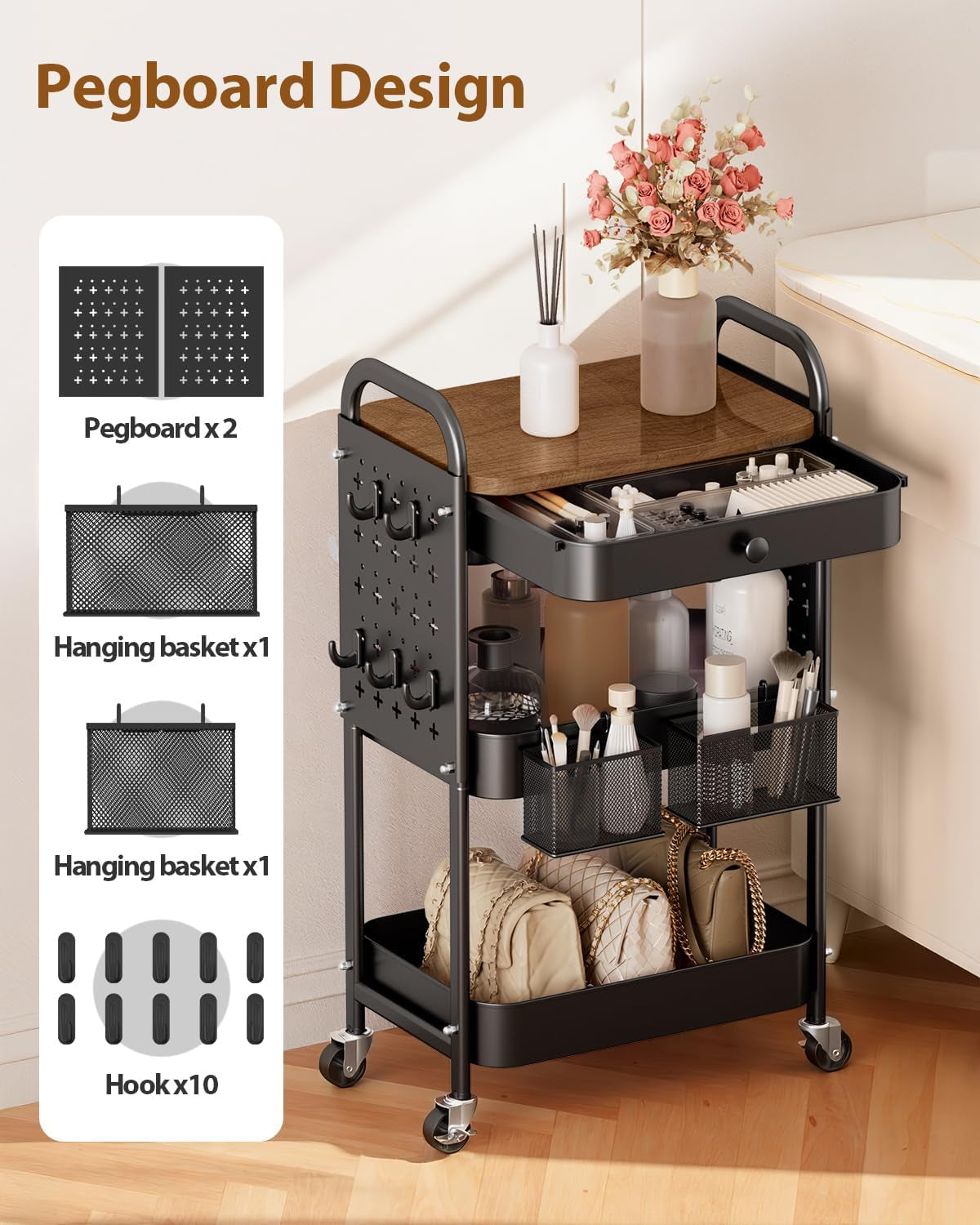 Rolling Cart with Drawer and Wood Table Top, 3 Tier Metal Rolling Utility Cart on Wheels with DIY Pegboards, Hanging Baskets, Hooks for Bedroom,Office,Craft Supplies (Black)