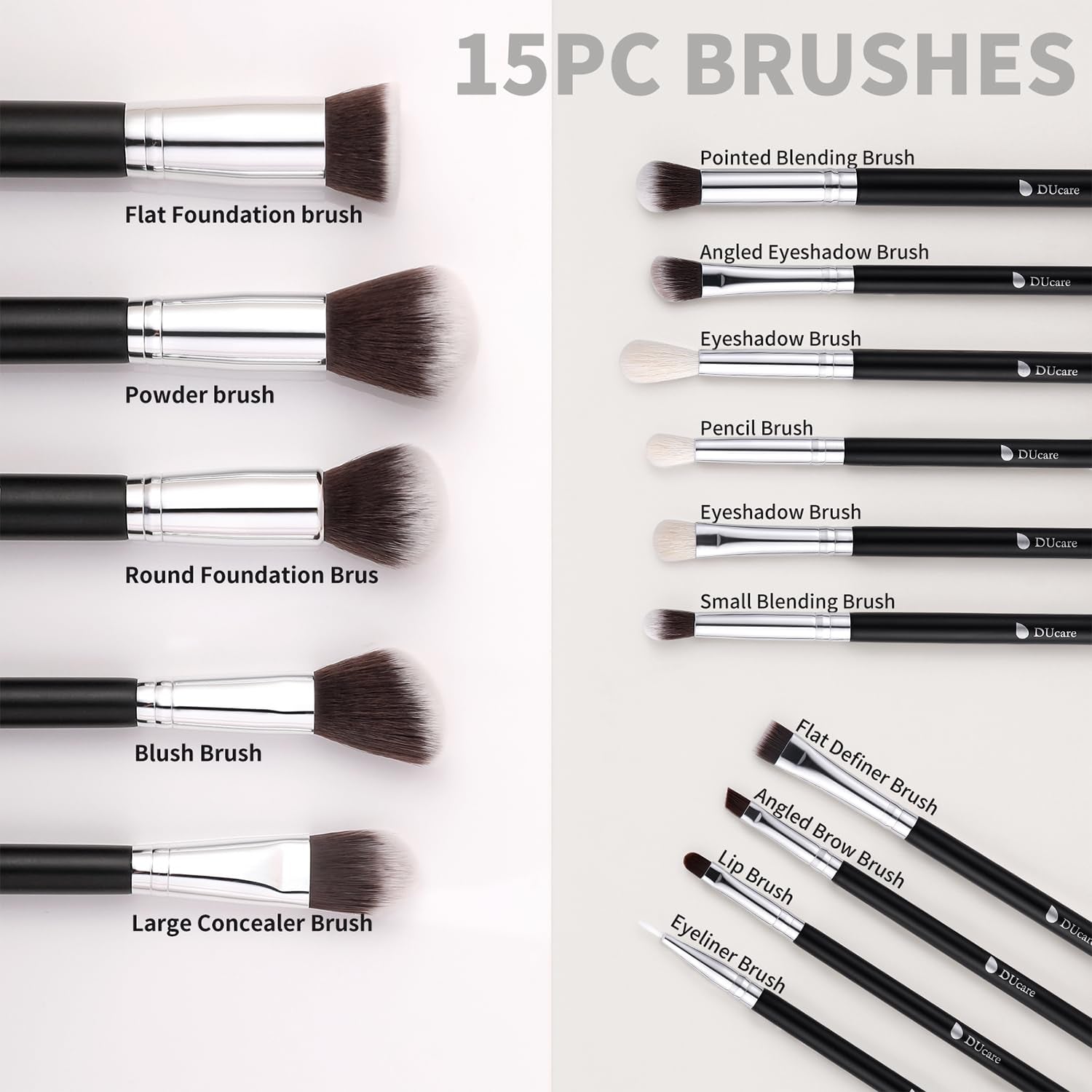 Makeup Brushes with Bag,15Pcs Makeup Brush Set Christmas Gift Travel Kabuki Foundation Blending Blush Eyeliner Shadow Brow Concealer Brushes Kit Black