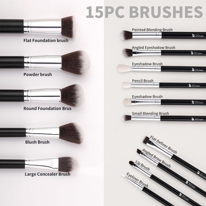Makeup Brushes with Bag,15Pcs Makeup Brush Set Christmas Gift Travel Kabuki Foundation Blending Blush Eyeliner Shadow Brow Concealer Brushes Kit Black