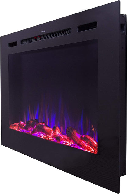 Smart Electric Fireplace-The Forte 40" Recessed Mounted-30 Realistic Ember Color/Flame Options-1,500W Heater W/Thermostat-Black-Log & Crystal Hearth Options-Alexa/Wifi Enabled