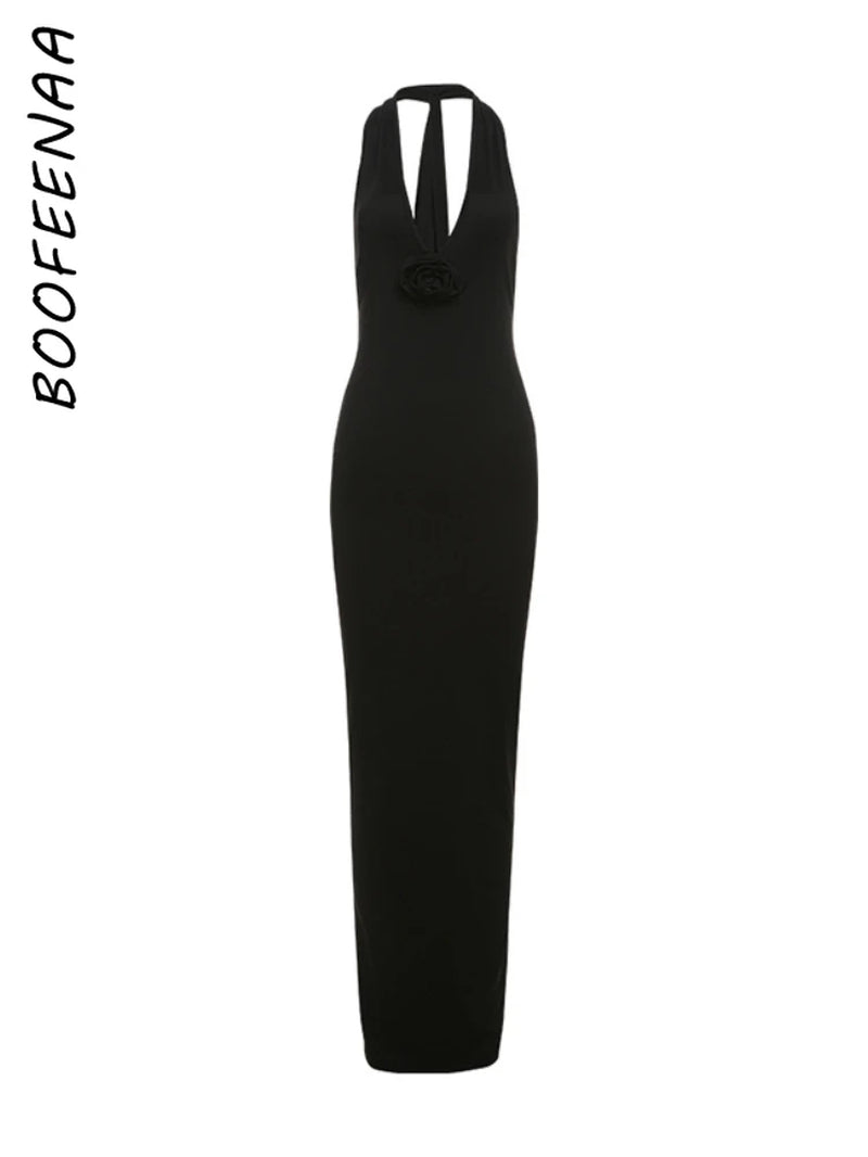 Long Party Dresses for Women Elegant Sexy Floral-Applique Halter Backless Maxi Dress Summer Clothes 2024 C83-CE37