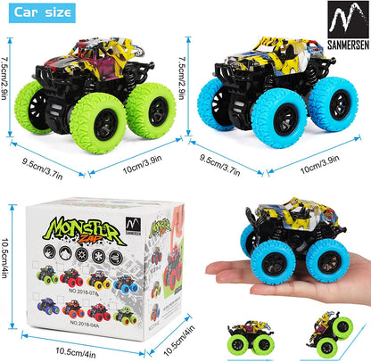 Monster Truck Toys for Ages 2-4, Friction Cars for Toddlers 1-3 Push and Go 360° Rotating Stunt Car for 2+ Year Old Boys Girls Gifts (2 Pack - Blue and Green)