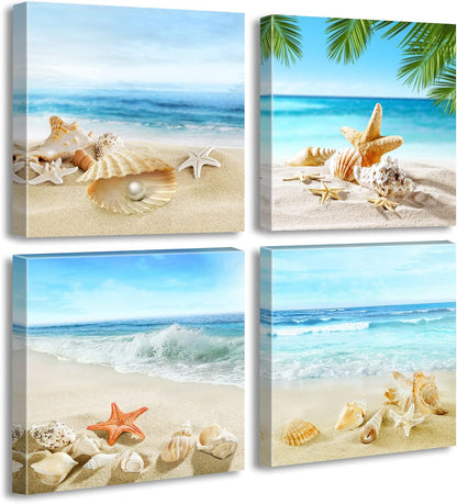 Beach Wall Art Bathroom Paintings Decor Seashell Starfish Nature Canvas Pictures Blue Ocean Theme Decorations Posters Contemporary Nautical for Bedroom…