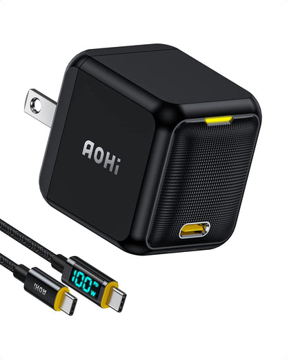 65W PD USB C Charger, Gan+ Magcube Fast Wall Charger Power Adapter with 4Ft USB C LED Display Cable for Notebook Macbook Pro/Air, Galaxy, for Iphone 15/14/Plus/Pro Max/13/12, Black