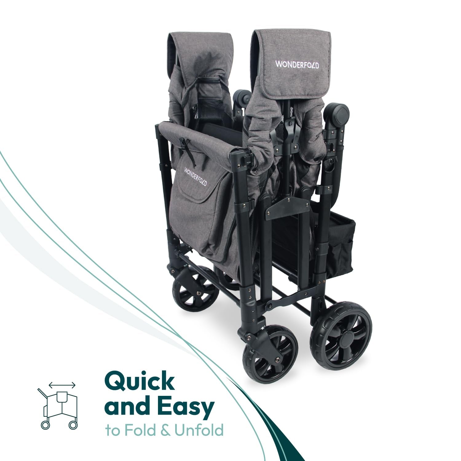 W4 Elite Stroller Wagon (4 Seater) - Collapsible Wagon Stroller with Seats with 5-Point Harnesses, Adjustable Push Handle, and Removable UV Sun Canopy, Charcoal Gray