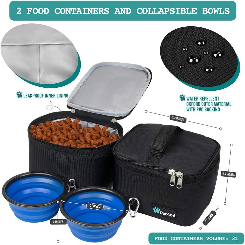 Travel Bag Organizer - Dog & Cat Diaper Bag with Food Container, Bowls & Accessories for Weekend Camping