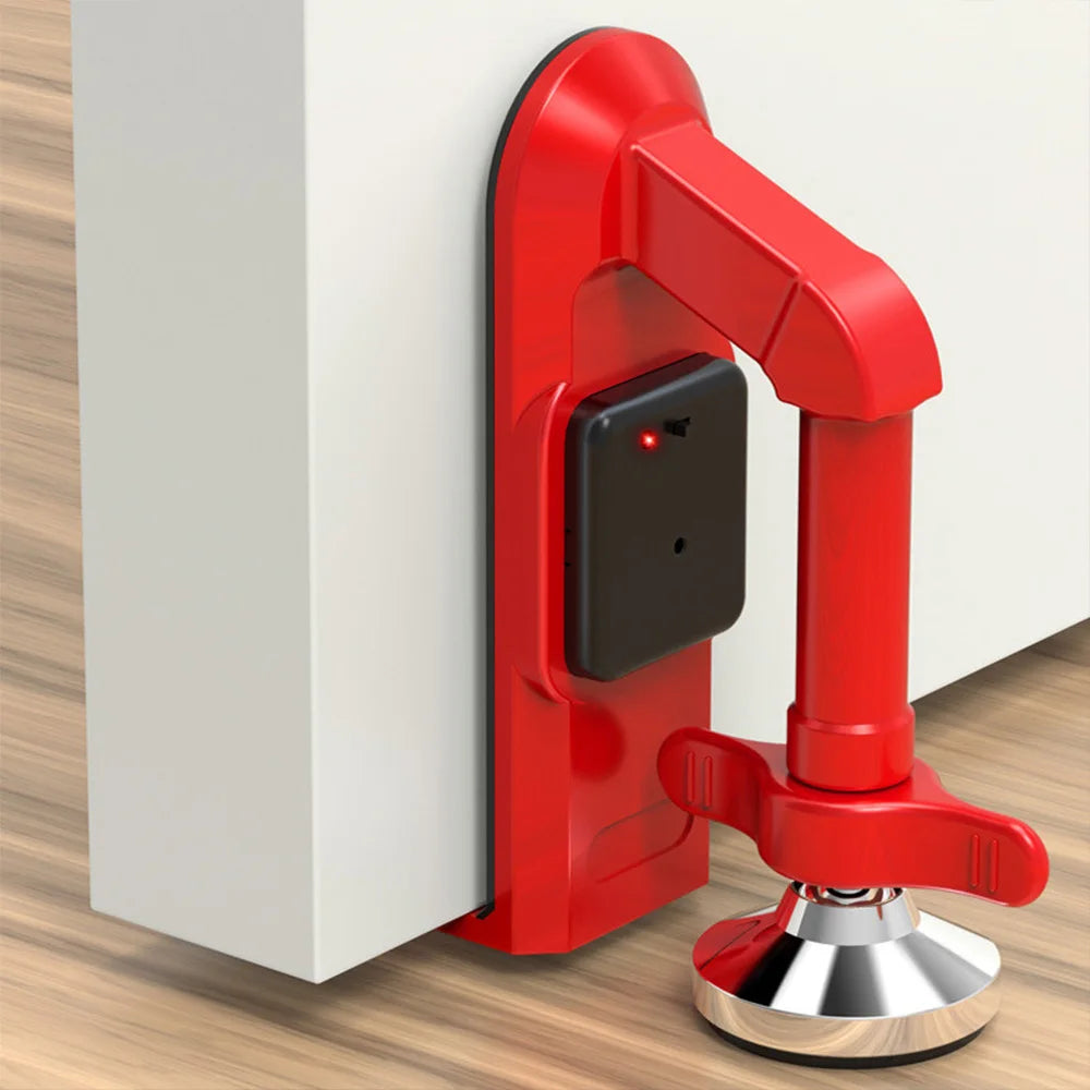 Portable Door Stopper & Floor-Brace — Travel Security Blocker (Red, Metal) | Optional Battery-Powered Alarm Variant