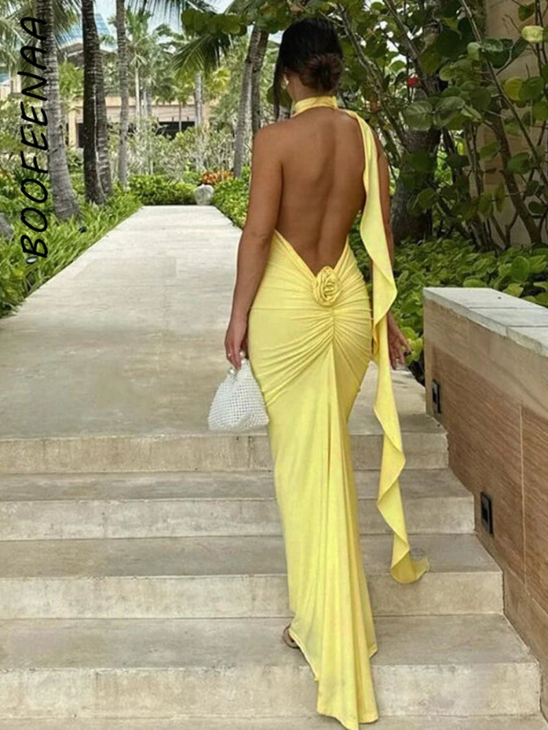 Long Party Dresses for Women Elegant Sexy Floral-Applique Halter Backless Maxi Dress Summer Clothes 2024 C83-CE37