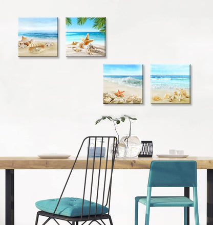 Beach Wall Art Bathroom Paintings Decor Seashell Starfish Nature Canvas Pictures Blue Ocean Theme Decorations Posters Contemporary Nautical for Bedroom…