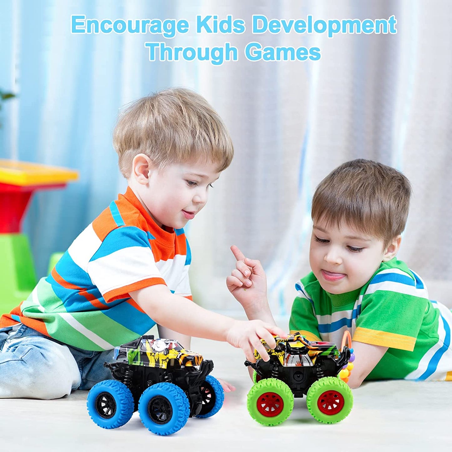 Monster Truck Toys for Ages 2-4, Friction Cars for Toddlers 1-3 Push and Go 360° Rotating Stunt Car for 2+ Year Old Boys Girls Gifts (2 Pack - Blue and Green)